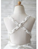 Ivory Tulle Beaded Straps Cross Back Hi Low Lace Trim Flower Girl Dress 